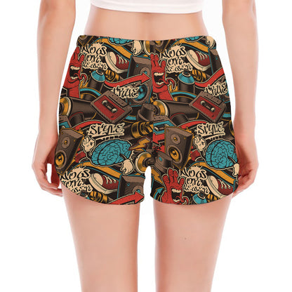 Retro Graffiti Pattern Print Women's Split Running Shorts