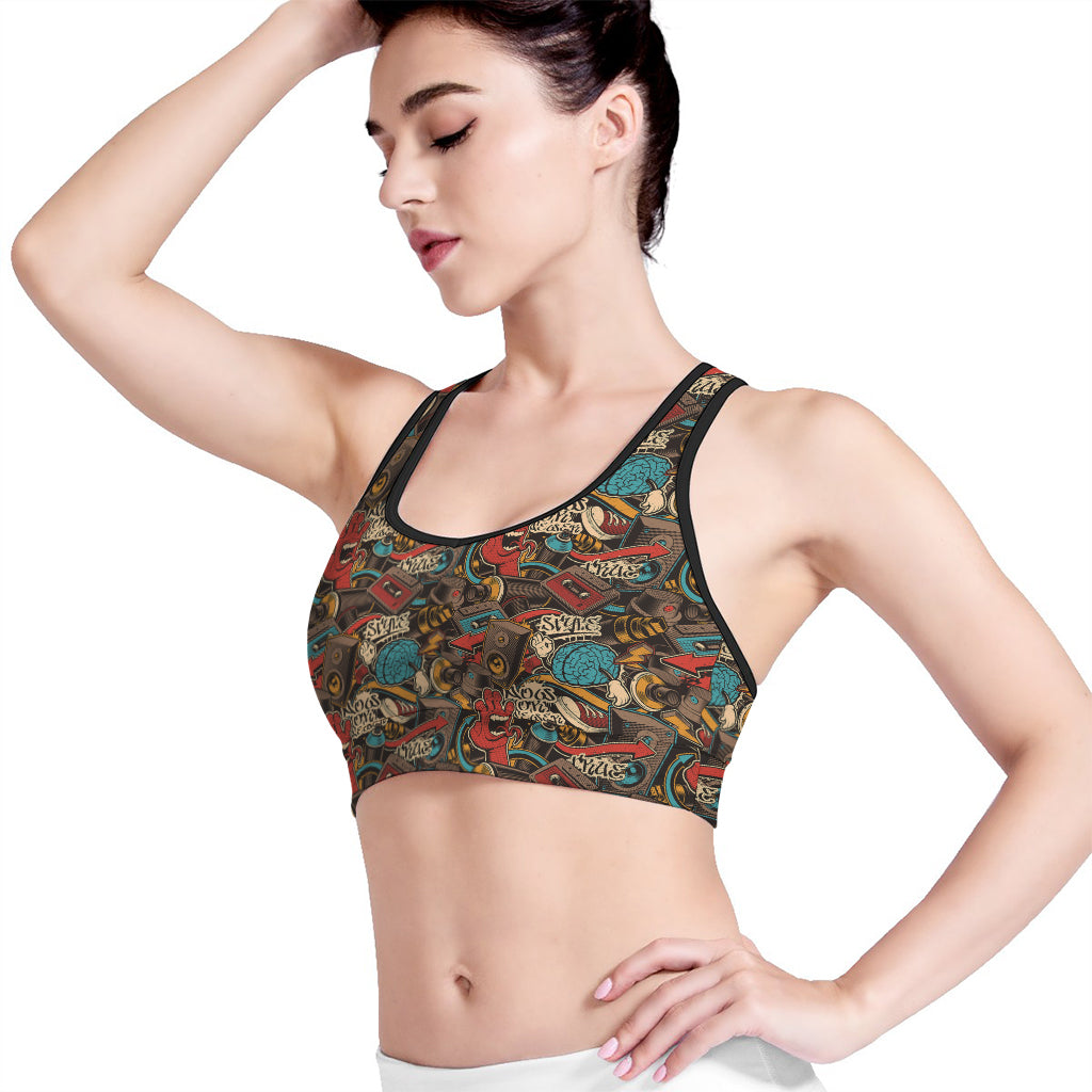 Retro Graffiti Pattern Print Women's Sports Bra
