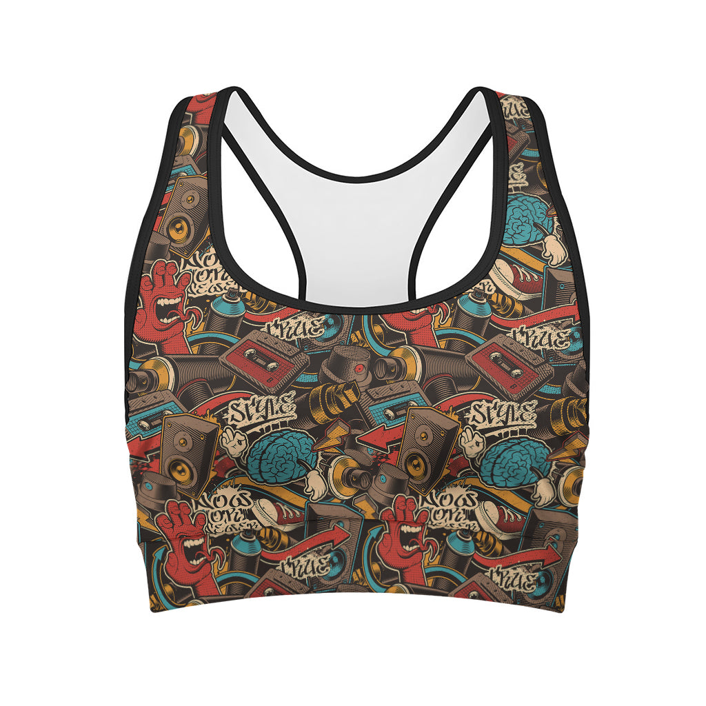 Retro Graffiti Pattern Print Women's Sports Bra