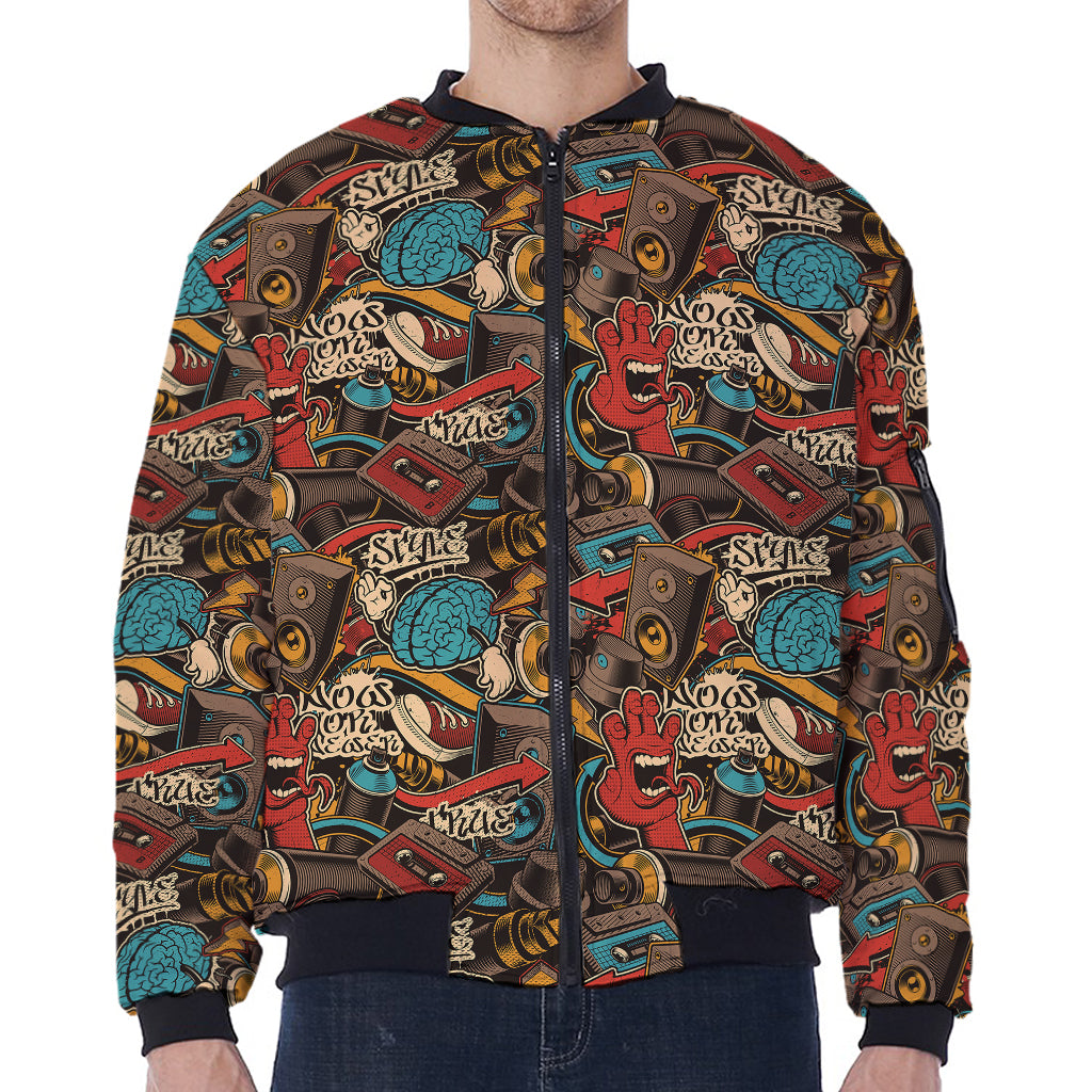 Retro Graffiti Pattern Print Zip Sleeve Bomber Jacket