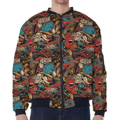 Retro Graffiti Pattern Print Zip Sleeve Bomber Jacket