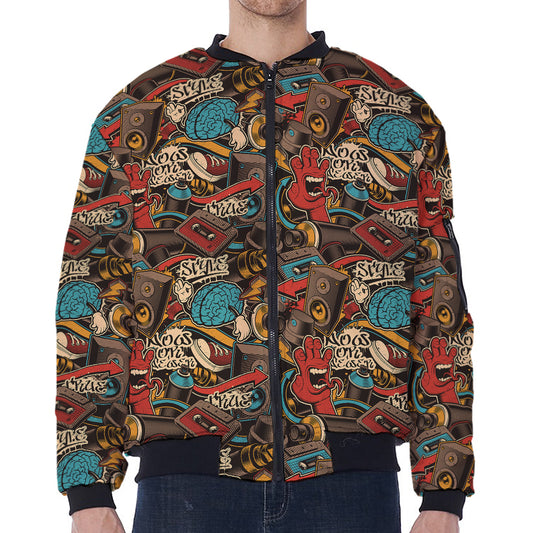 Retro Graffiti Pattern Print Zip Sleeve Bomber Jacket
