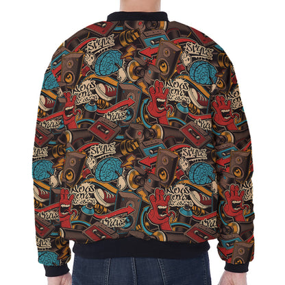 Retro Graffiti Pattern Print Zip Sleeve Bomber Jacket