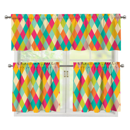 Retro Harlequin Pattern Print 3 Piece Kitchen Curtains