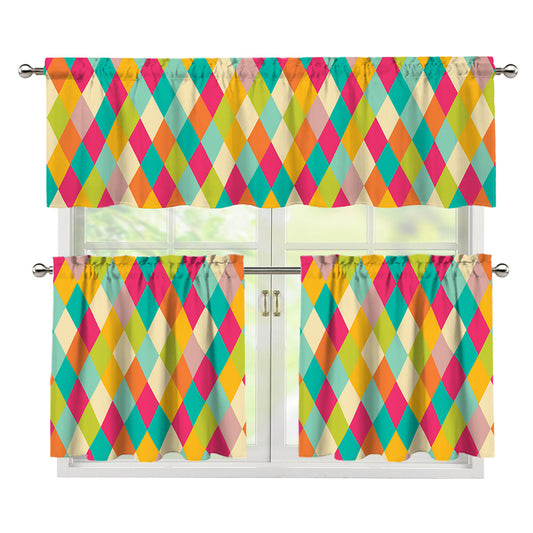 Retro Harlequin Pattern Print 3 Piece Kitchen Curtains