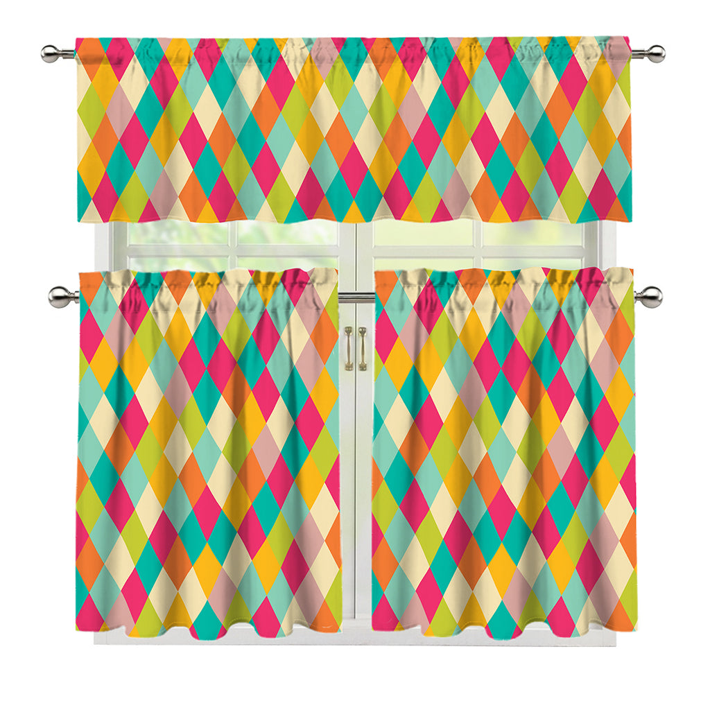 Retro Harlequin Pattern Print 3 Piece Kitchen Curtains