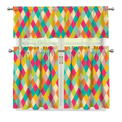 Retro Harlequin Pattern Print 3 Piece Kitchen Curtains