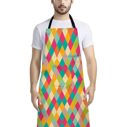Retro Harlequin Pattern Print Bib Apron With Pocket