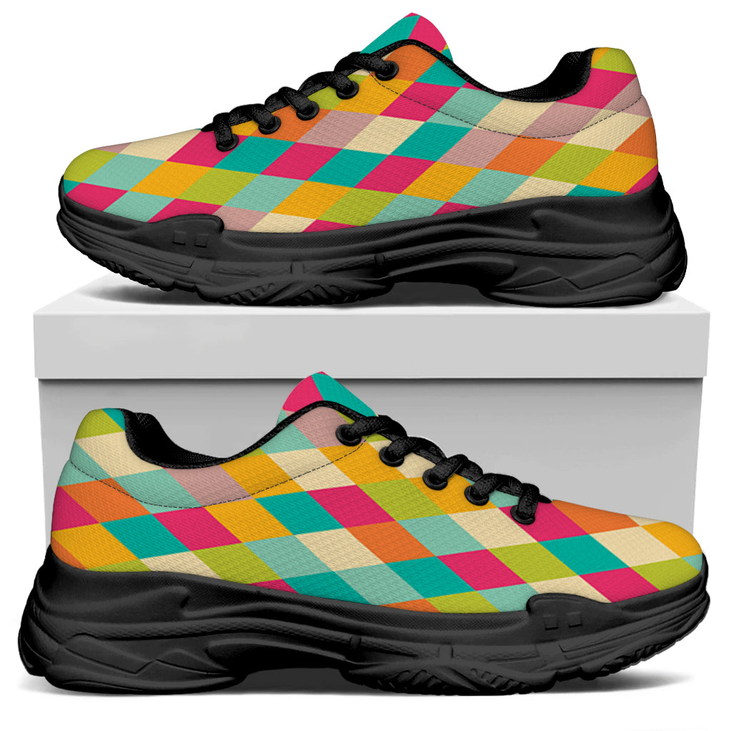 Retro Harlequin Pattern Print Black Chunky Shoes