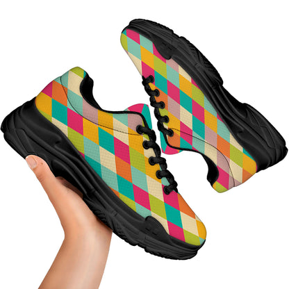 Retro Harlequin Pattern Print Black Chunky Shoes