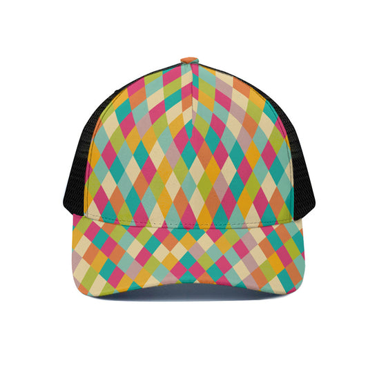 Retro Harlequin Pattern Print Black Mesh Trucker Cap