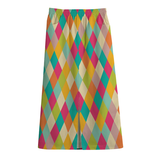 Retro Harlequin Pattern Print Cotton Front Slit Maxi Skirt