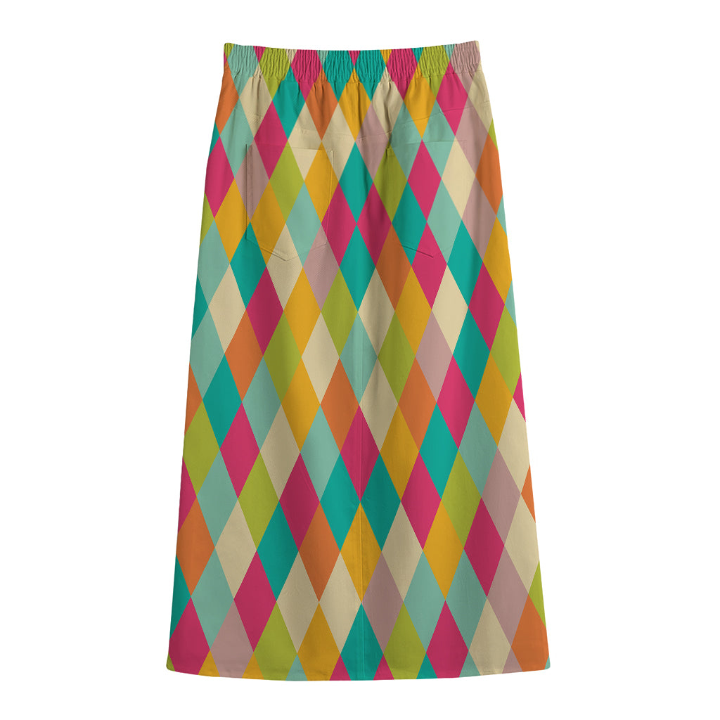 Retro Harlequin Pattern Print Cotton Front Slit Maxi Skirt