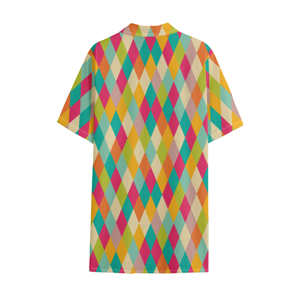Retro Harlequin Pattern Print Cotton Hawaiian Shirt