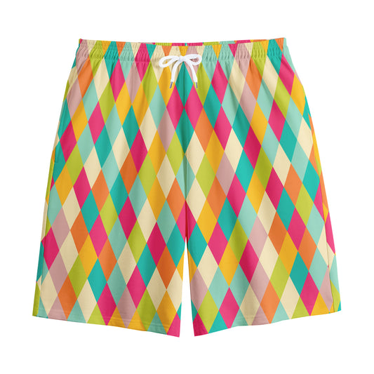 Retro Harlequin Pattern Print Cotton Shorts
