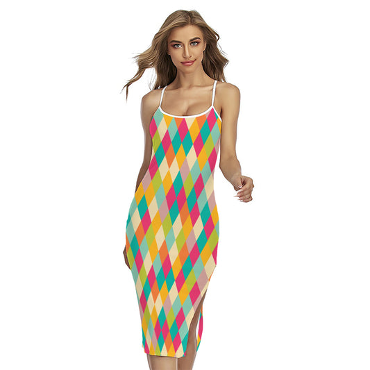 Retro Harlequin Pattern Print Cross Back Cami Dress
