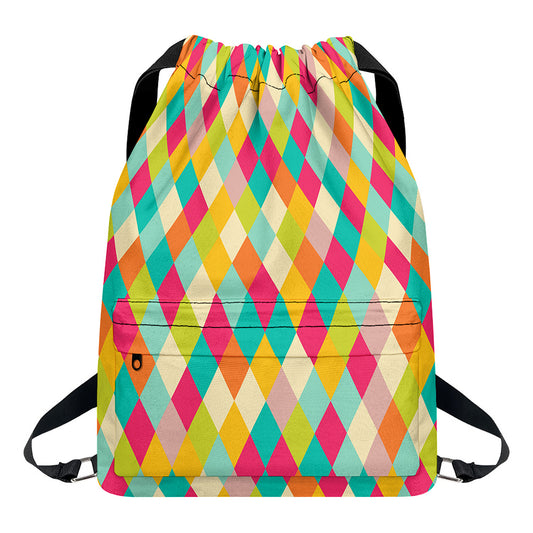 Retro Harlequin Pattern Print Drawstring Backpack