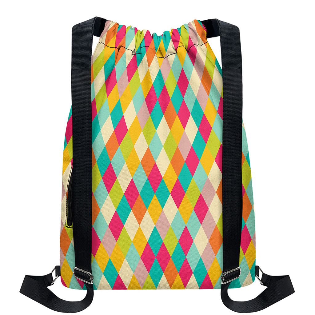 Retro Harlequin Pattern Print Drawstring Backpack