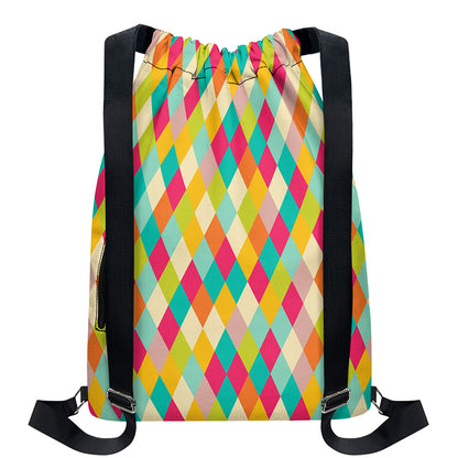 Retro Harlequin Pattern Print Drawstring Backpack
