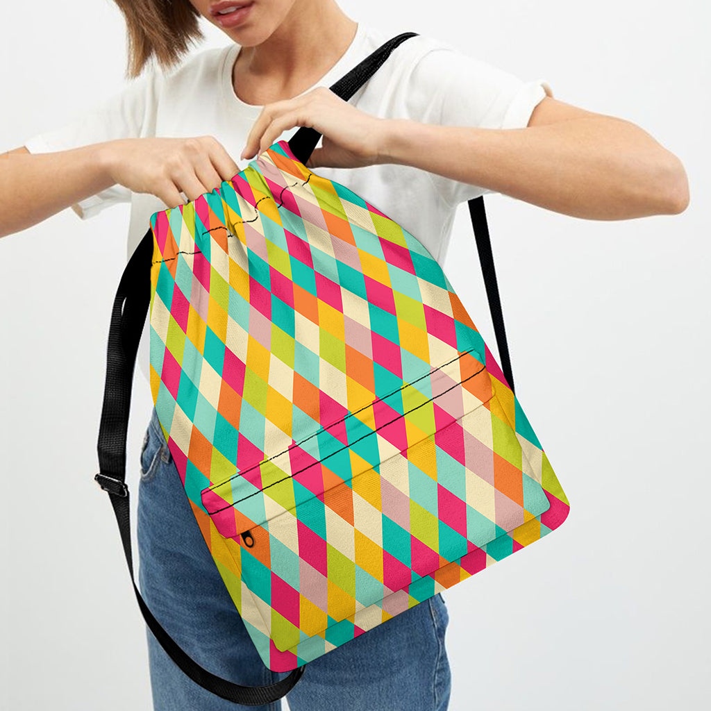 Retro Harlequin Pattern Print Drawstring Backpack