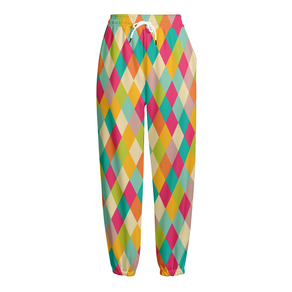 Retro Harlequin Pattern Print Fleece Lined Knit Pants