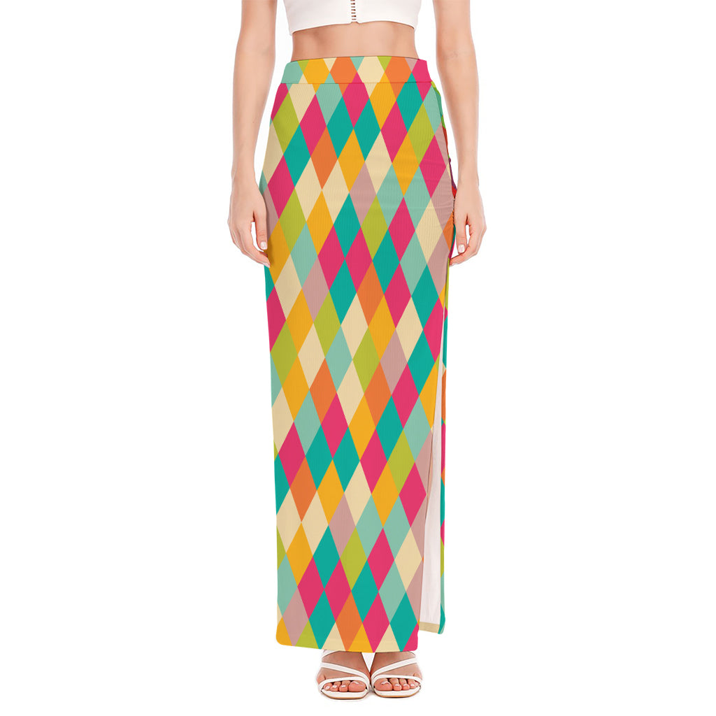 Retro Harlequin Pattern Print High Slit Maxi Skirt