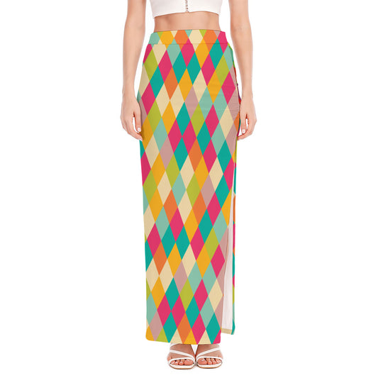 Retro Harlequin Pattern Print High Slit Maxi Skirt