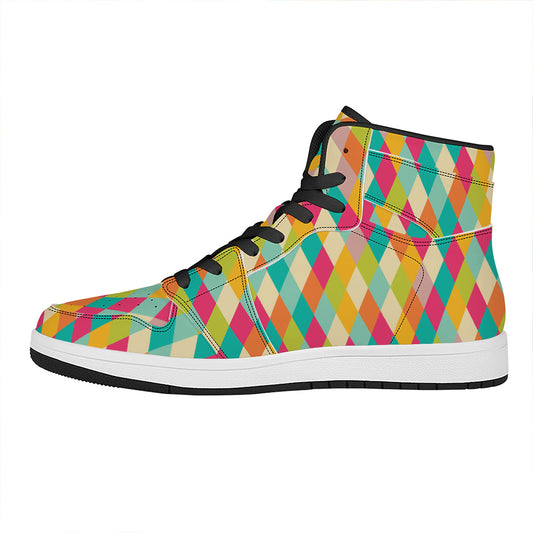 Retro Harlequin Pattern Print High Top Leather Sneakers