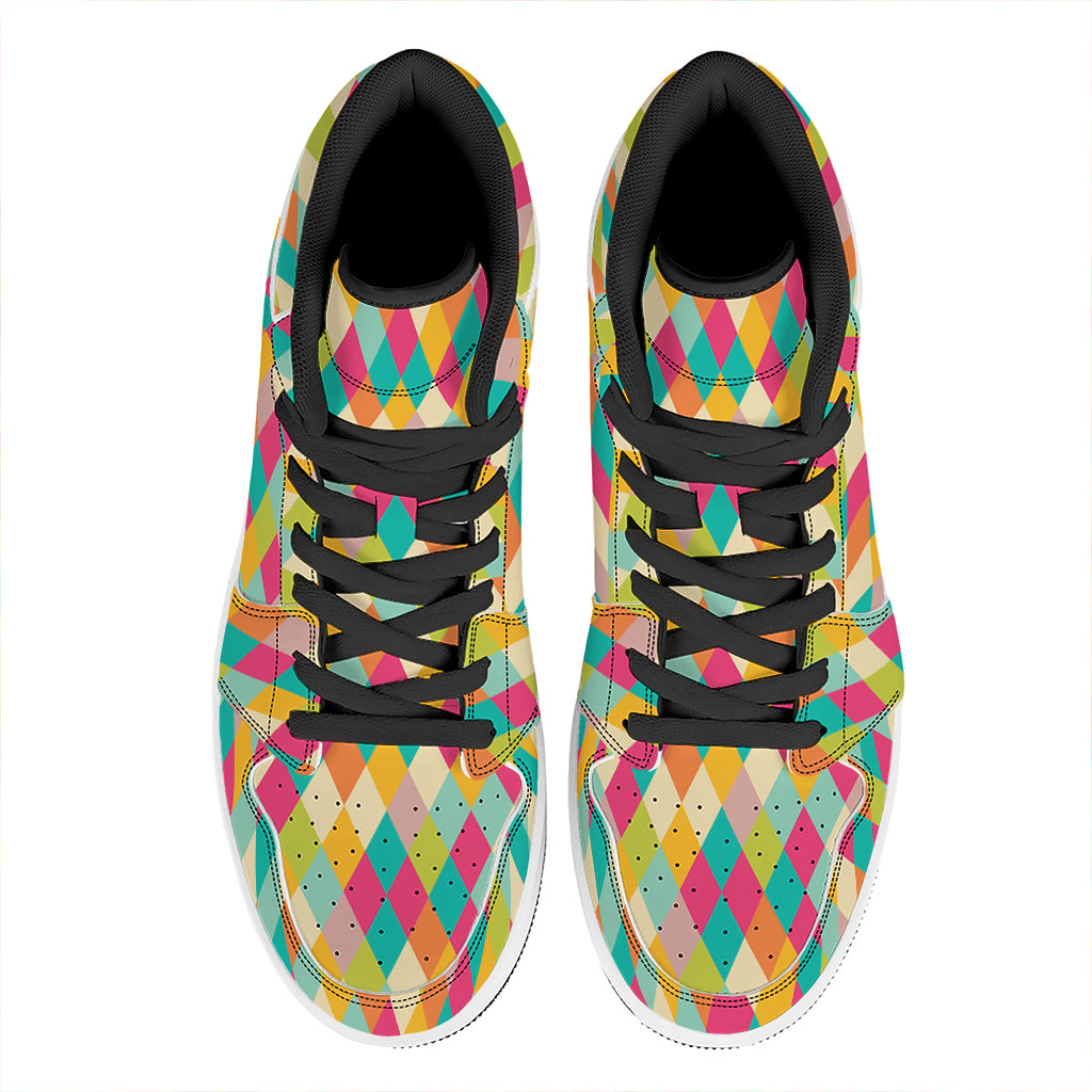 Retro Harlequin Pattern Print High Top Leather Sneakers