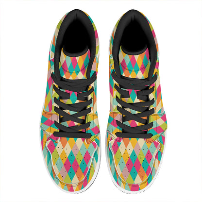 Retro Harlequin Pattern Print High Top Leather Sneakers