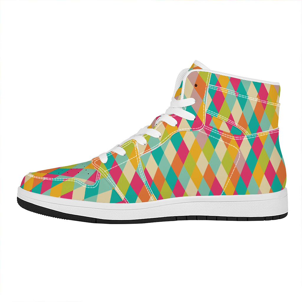 Retro Harlequin Pattern Print High Top Leather Sneakers