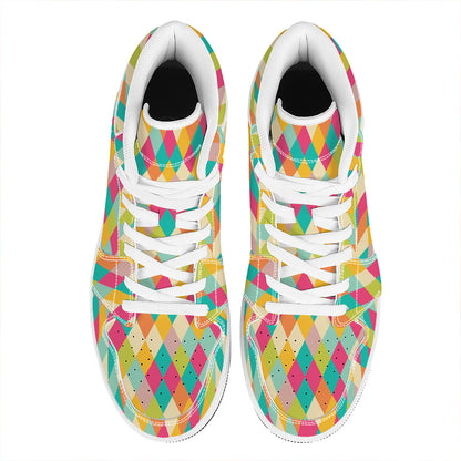 Retro Harlequin Pattern Print High Top Leather Sneakers