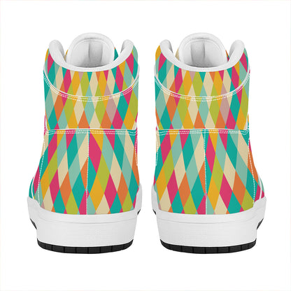 Retro Harlequin Pattern Print High Top Leather Sneakers