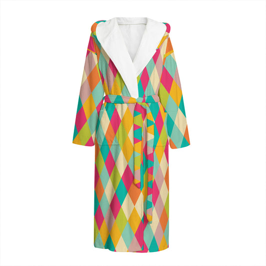 Retro Harlequin Pattern Print Hooded Bathrobe