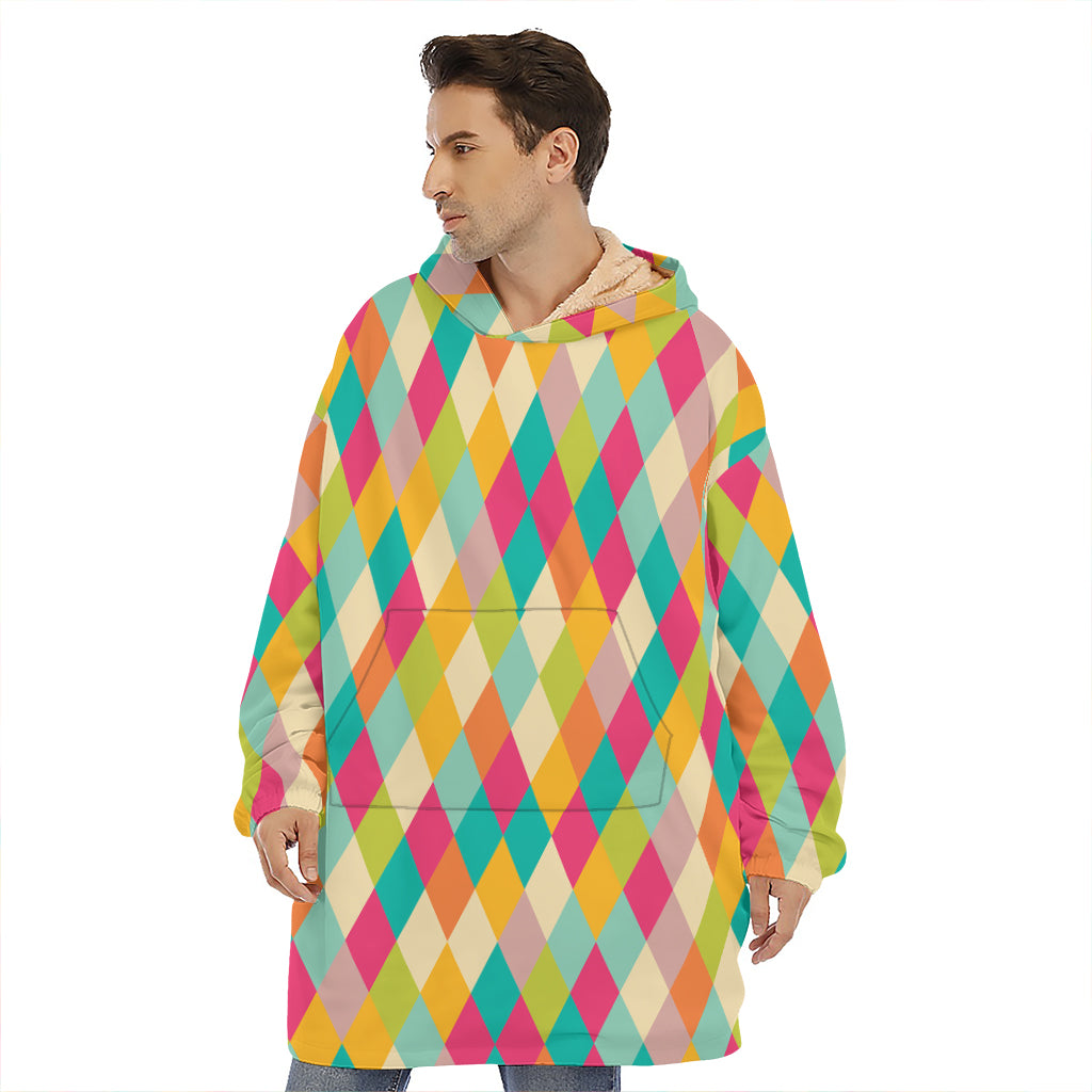 Retro Harlequin Pattern Print Hoodie Blanket