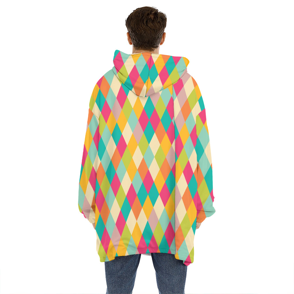Retro Harlequin Pattern Print Hoodie Blanket
