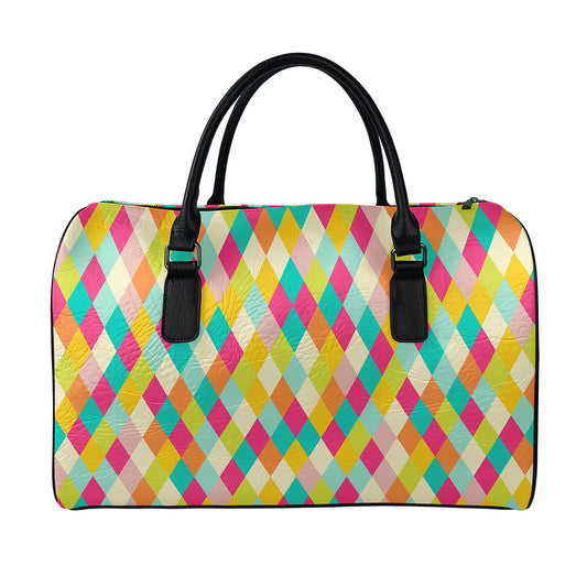 Retro Harlequin Pattern Print Leather Duffle Bag