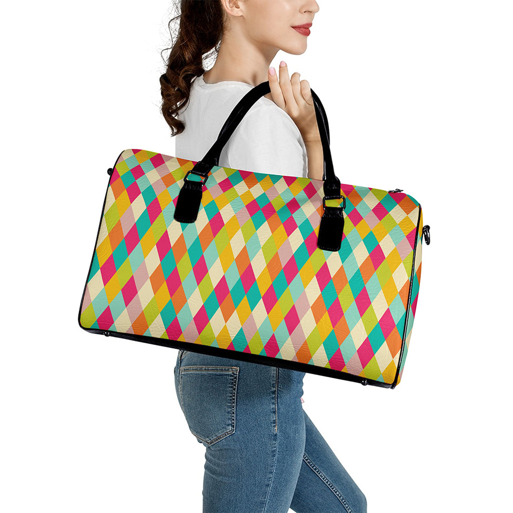 Retro Harlequin Pattern Print Leather Duffle Bag