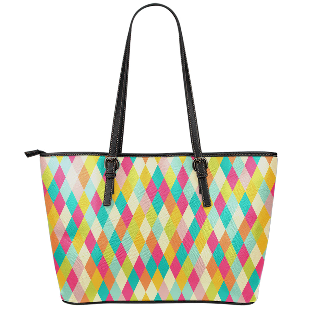 Retro Harlequin Pattern Print Leather Tote Bag
