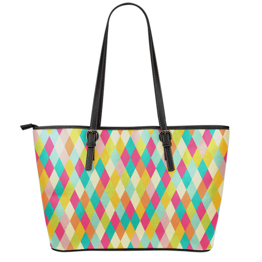 Retro Harlequin Pattern Print Leather Tote Bag