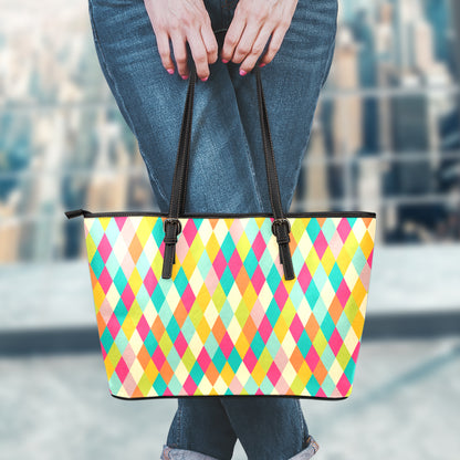 Retro Harlequin Pattern Print Leather Tote Bag