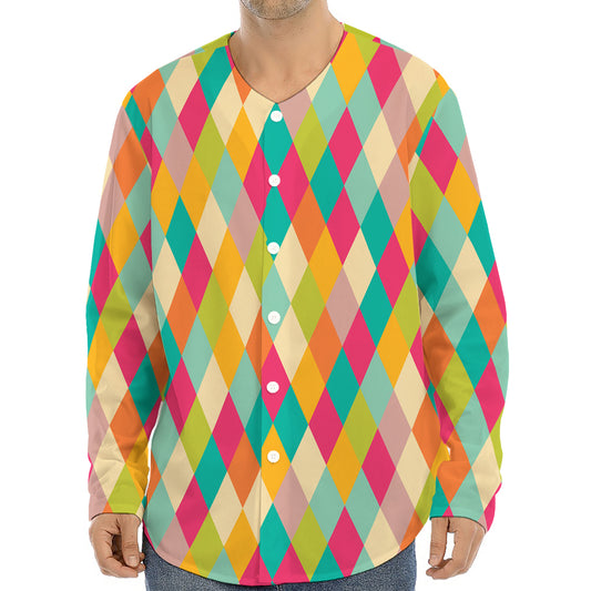 Retro Harlequin Pattern Print Long Sleeve Baseball Jersey