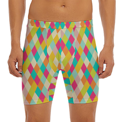 Retro Harlequin Pattern Print Men's Long Boxer Briefs