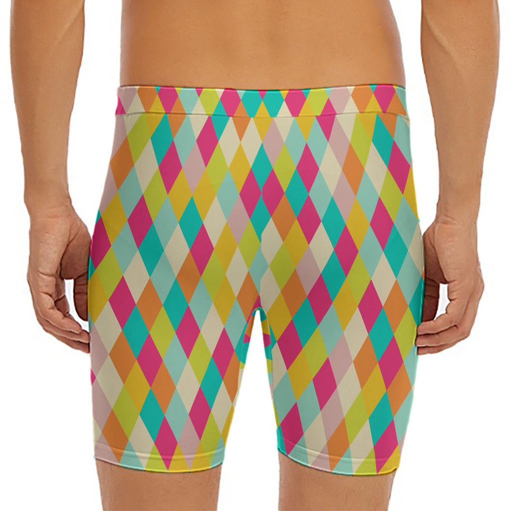 Retro Harlequin Pattern Print Men's Long Boxer Briefs