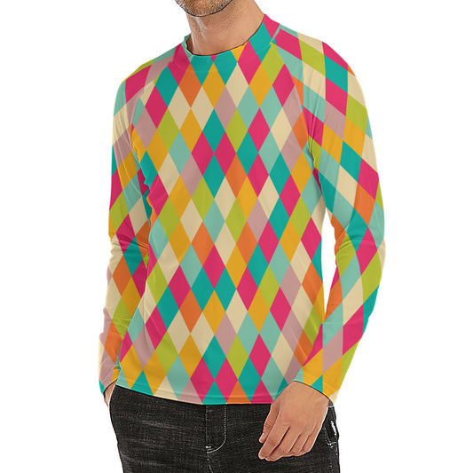 Retro Harlequin Pattern Print Men's Long Sleeve Rash Guard