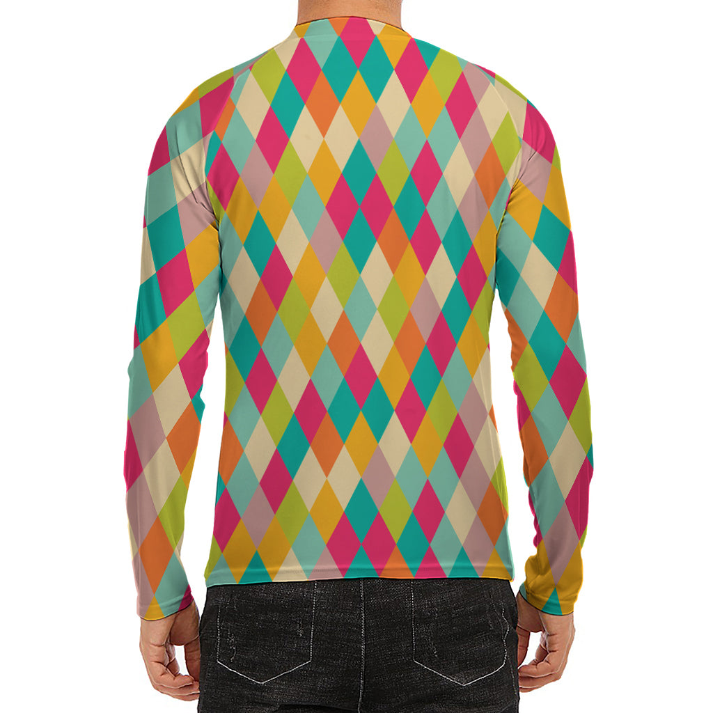 Retro Harlequin Pattern Print Men's Long Sleeve Rash Guard