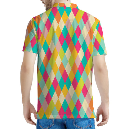 Retro Harlequin Pattern Print Men's Polo Shirt