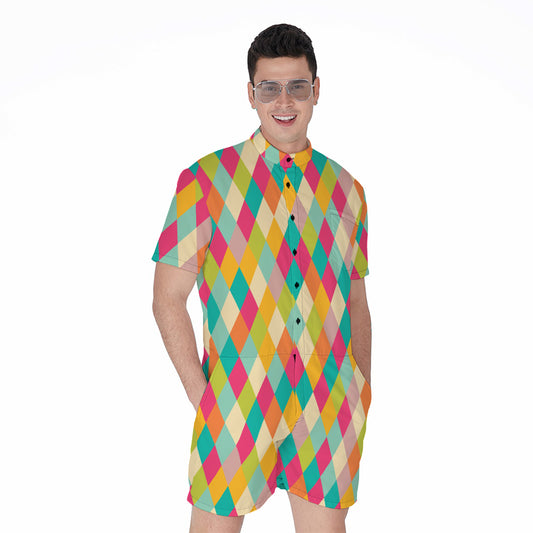 Retro Harlequin Pattern Print Men's Rompers