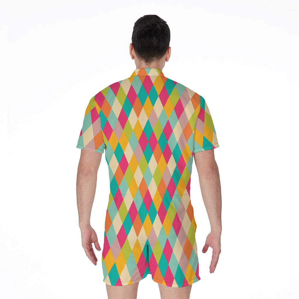 Retro Harlequin Pattern Print Men's Rompers