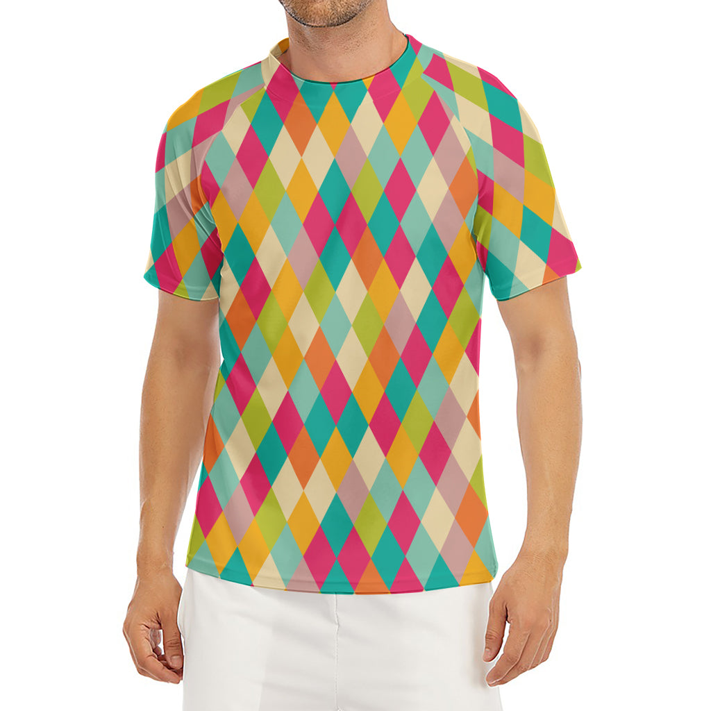 Retro Harlequin Pattern Print Men's Short Sleeve Rash Guard